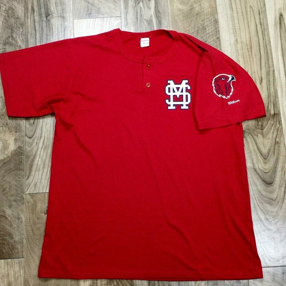 Vintage 70s Wilson Red Henley Jersey XXL USA Eagle MS Monogram Baseball T Shirt